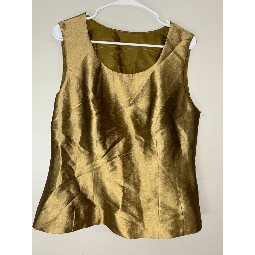 Silk Shell Top Women M Gold Metallic Sleeveless Side Zip Evening Blouse